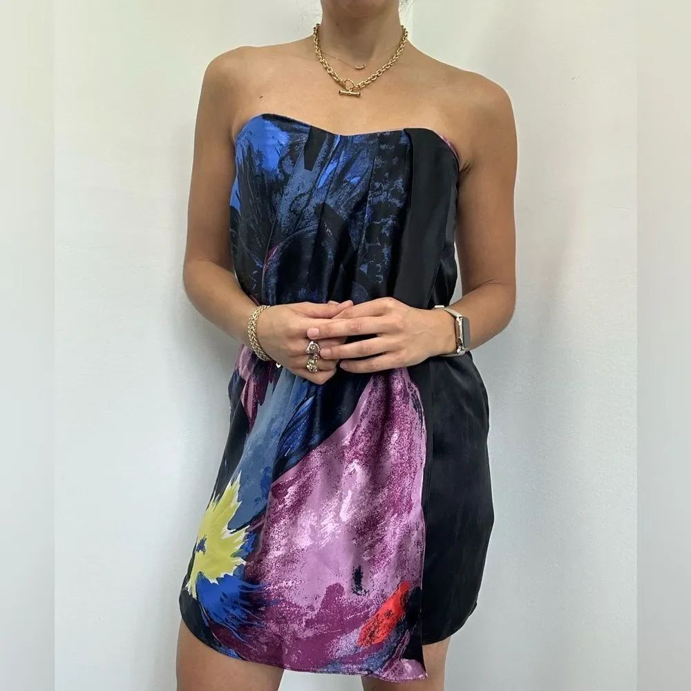 Tibi Vintage Multi-color 100% Silk Strapless Wrap Dress Sweetheart Neck Size 4 - Picture 2 of 11